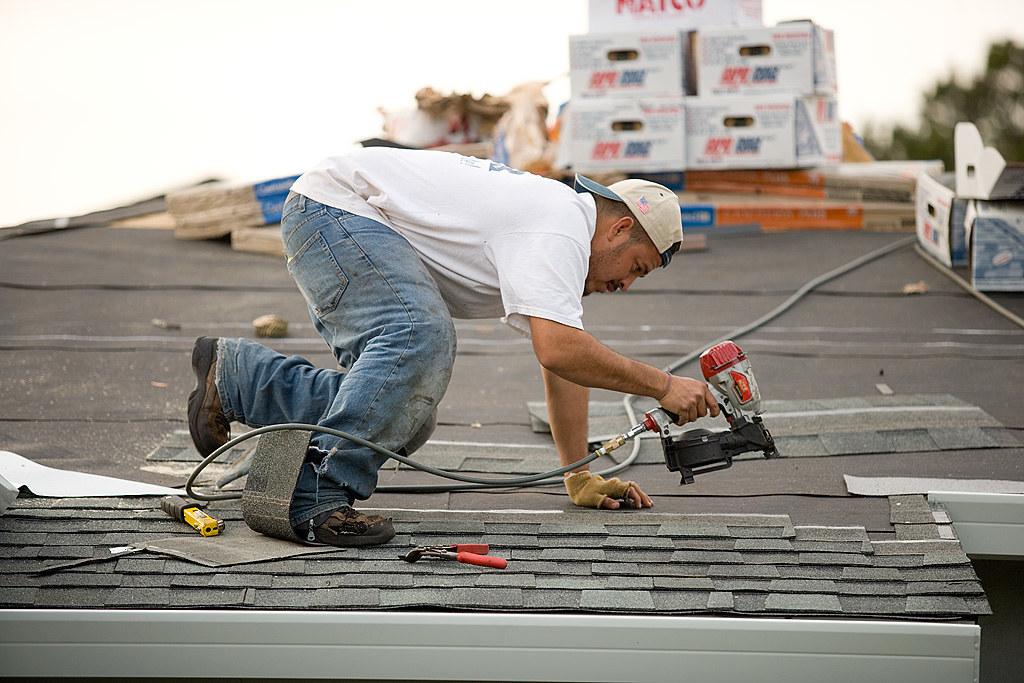 Roofer nailing shingle courses over underlayment