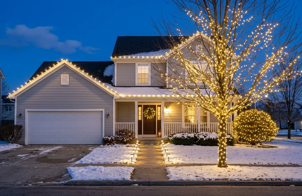 Design concept: a beige two-story home with a lit roofline, a large wrapped maple, a wrapped shrub, a lit wreath on the front door and stake lights down the front walk.