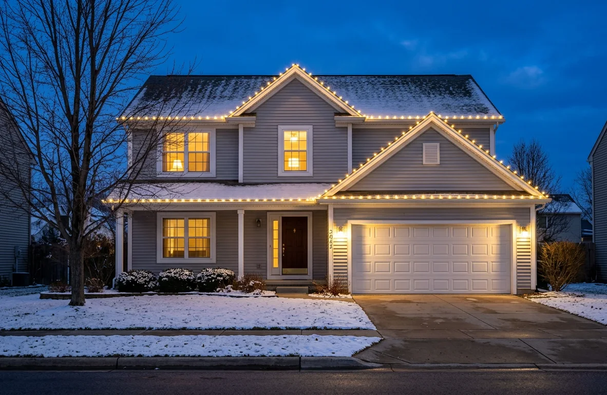 Design concept: warm white C9 bulbs tracing the front roofline, porch edge and garage gable of a two-story suburban home at dusk, with nothing else on the property lit.