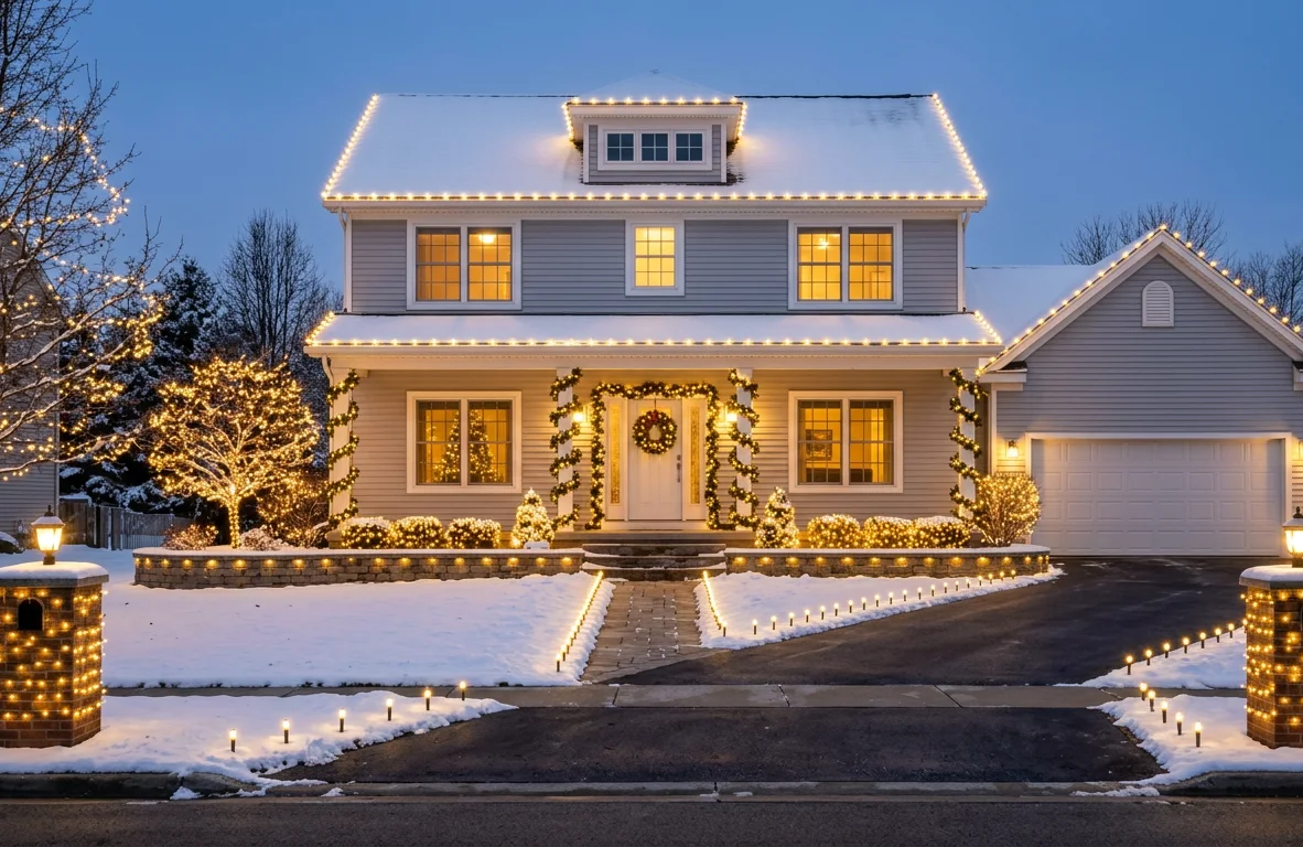 Design concept: a fully lit property with roofline, dormer and garage outlined, garland wrapping the porch columns, wrapped trees, lit planting beds, a lit retaining wall cap, stake lights down the drive and two brick entry pillars wrapped in light.