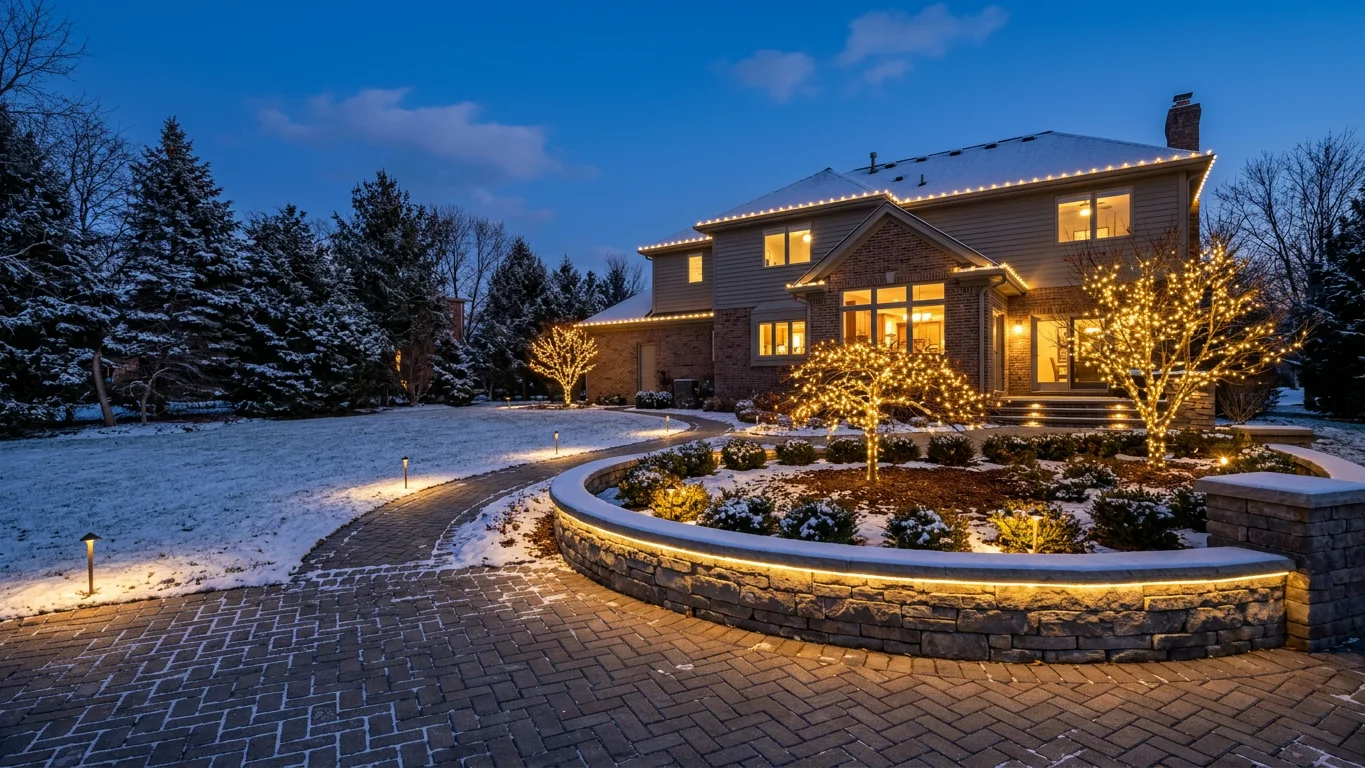 Design concept: a herringbone paver courtyard and curved stone retaining wall with its cap lit end to end, surrounded by lit planting beds, wrapped trees and path lights, with the home's roofline lit behind.